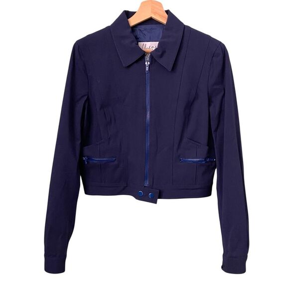 Cheap and Chic By Moschino Made in Italy Crop Log Sleeve Front Zip Navy Jacket 8 - Picture 1 of 7